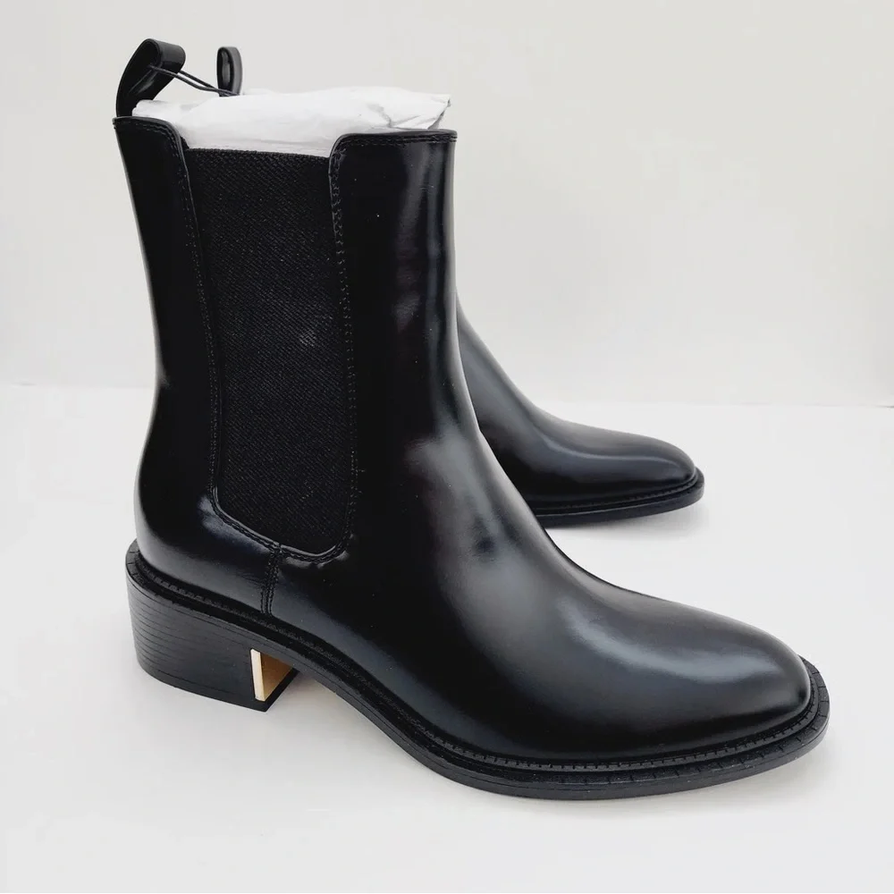 Zara faux leather black Chelsea ankle boots with gold heel - Picture 10 of 11